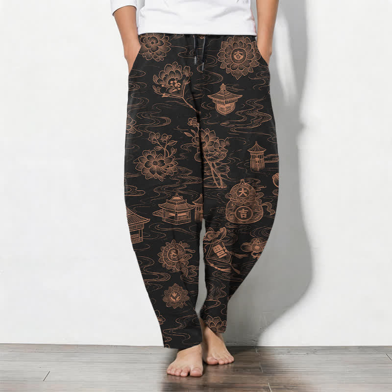Buddha Stones Pure Cotton Lotus Pavilion Cloud Pattern Drawstring Men's Tapered Pants With Pockets - Black - US/UK/AU50，EU60 (5XL) - image 7