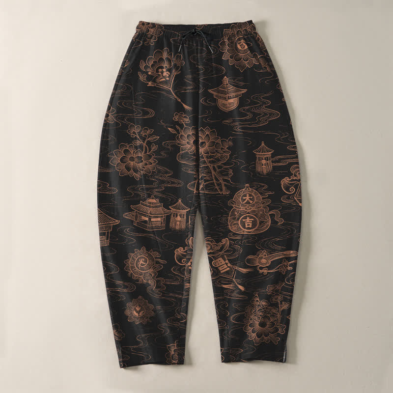 Buddha Stones Pure Cotton Lotus Pavilion Cloud Pattern Drawstring Men's Tapered Pants With Pockets - image 9