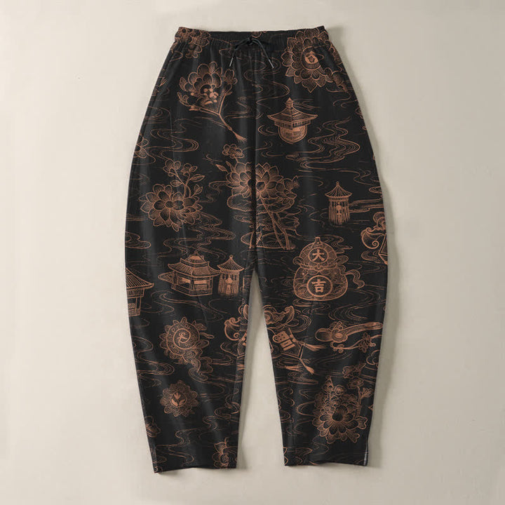 Buddha Stones Pure Cotton Lotus Pavilion Cloud Pattern Drawstring Men's Tapered Pants With Pockets - image 9
