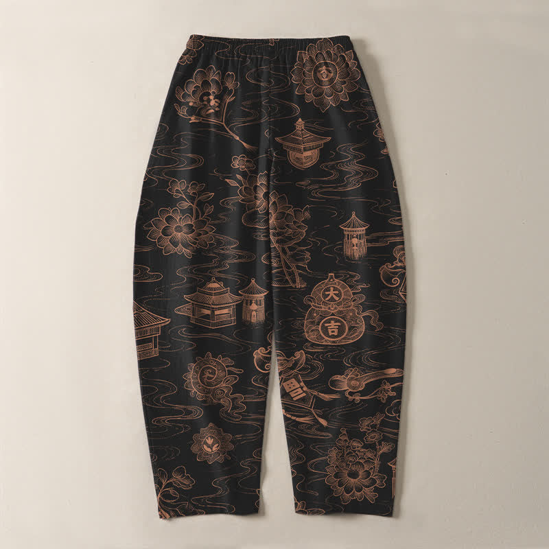 Buddha Stones Pure Cotton Lotus Pavilion Cloud Pattern Drawstring Men's Tapered Pants With Pockets - image 10