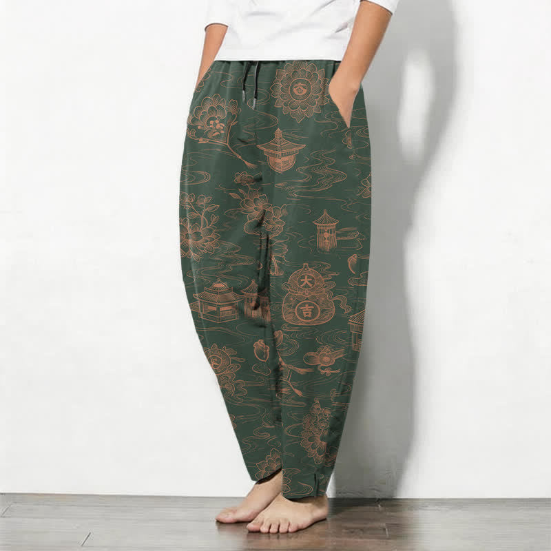 Buddha Stones Pure Cotton Lotus Pavilion Cloud Pattern Drawstring Men's Tapered Pants With Pockets - image 12