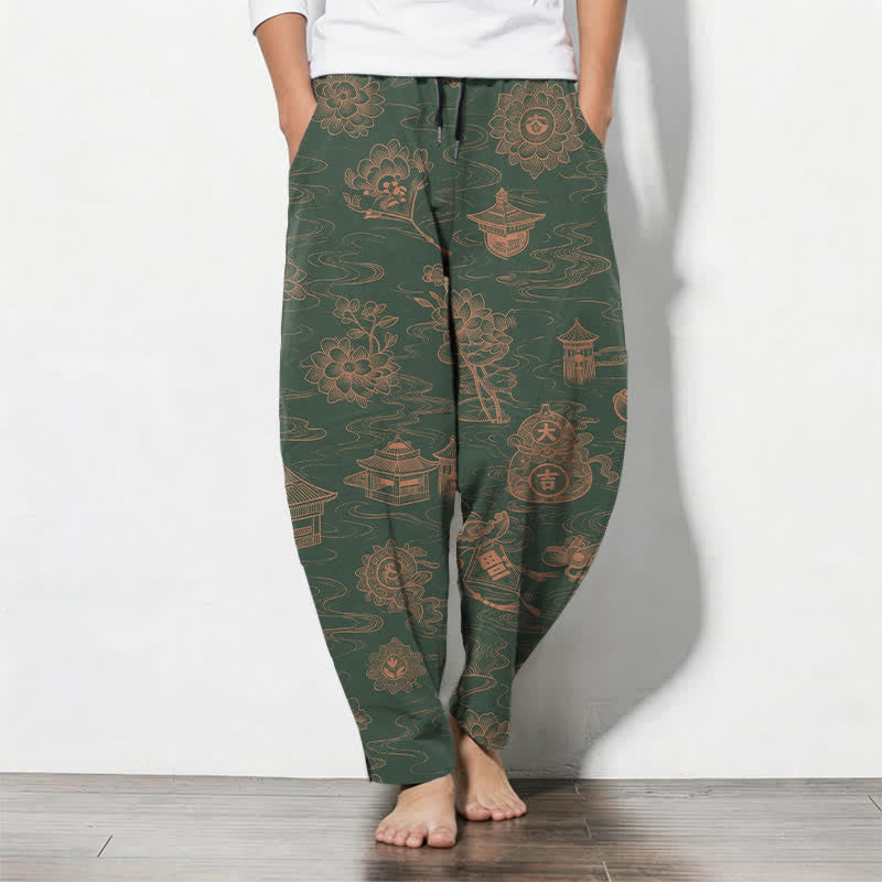 Buddha Stones Pure Cotton Lotus Pavilion Cloud Pattern Drawstring Men's Tapered Pants With Pockets - DarkGreen - US/UK/AU50，EU60 (5XL) - image 11