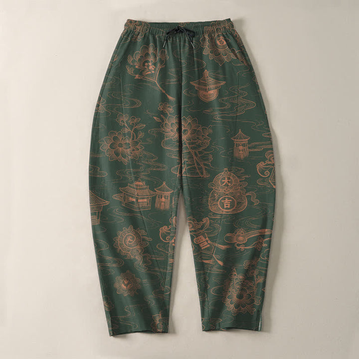Buddha Stones Pure Cotton Lotus Pavilion Cloud Pattern Drawstring Men's Tapered Pants With Pockets - image 13