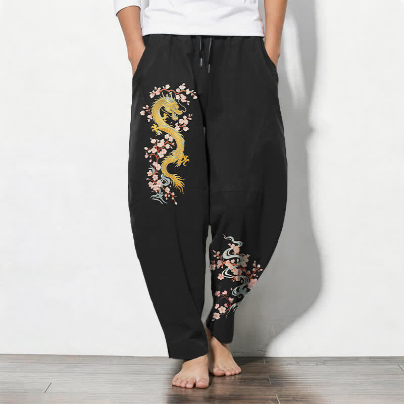 Buddha Stones Pure Cotton Golden Dragon Blossom Pattern Drawstring Men's Tapered Pants With Pockets - Black - US/UK/AU50，EU60 (5XL) - image 7