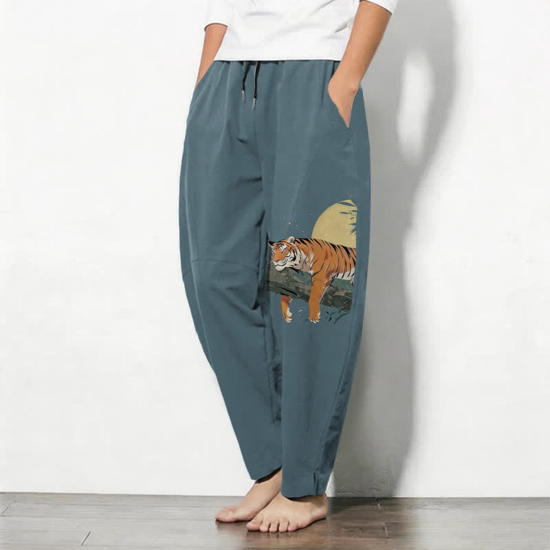 Buddha Stones Pure Cotton Reclining Tiger Moon Pattern Drawstring Men's Tapered Pants With Pockets - image 1