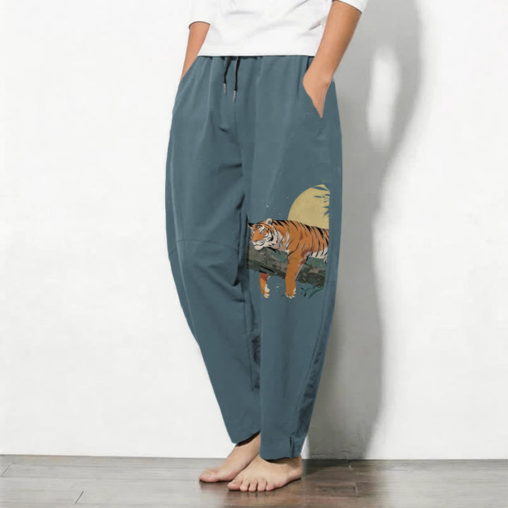 Buddha Stones Pure Cotton Reclining Tiger Moon Pattern Drawstring Men's Tapered Pants With Pockets - image 1