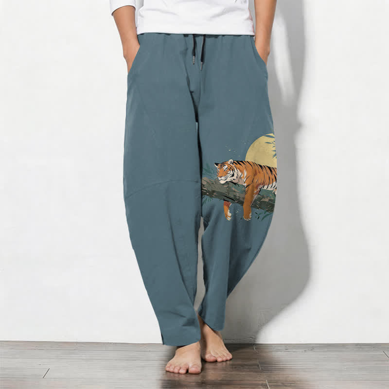 Buddha Stones Pure Cotton Reclining Tiger Moon Pattern Drawstring Men's Tapered Pants With Pockets - CadetBlue - US/UK/AU50，EU60 (5XL) - image 0