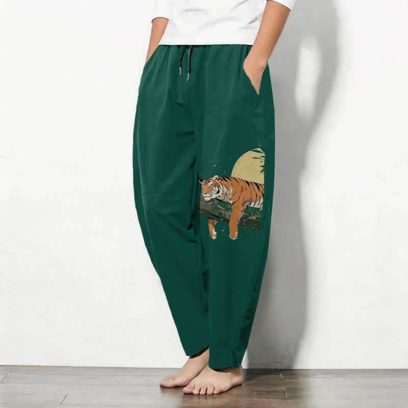 Buddha Stones Pure Cotton Reclining Tiger Moon Pattern Drawstring Men's Tapered Pants With Pockets - image 8