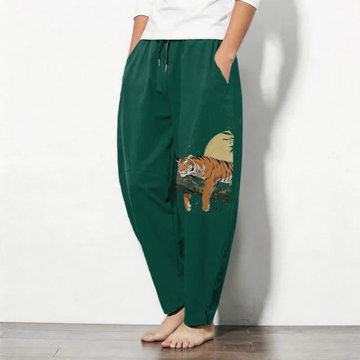 Buddha Stones Pure Cotton Reclining Tiger Moon Pattern Drawstring Men's Tapered Pants With Pockets - image 8