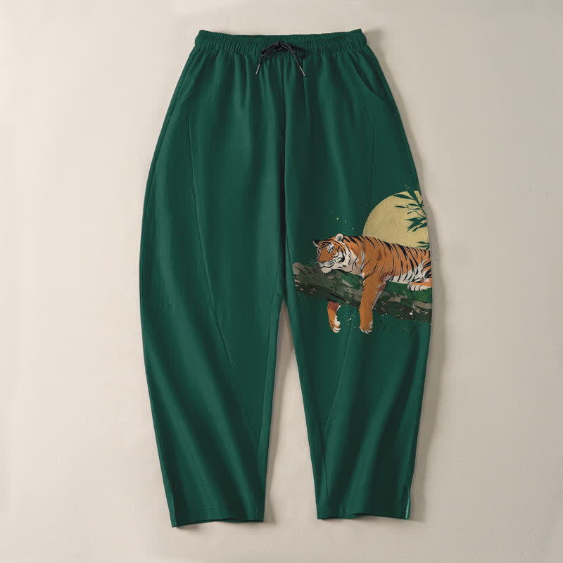 Buddha Stones Pure Cotton Reclining Tiger Moon Pattern Drawstring Men's Tapered Pants With Pockets - image 9