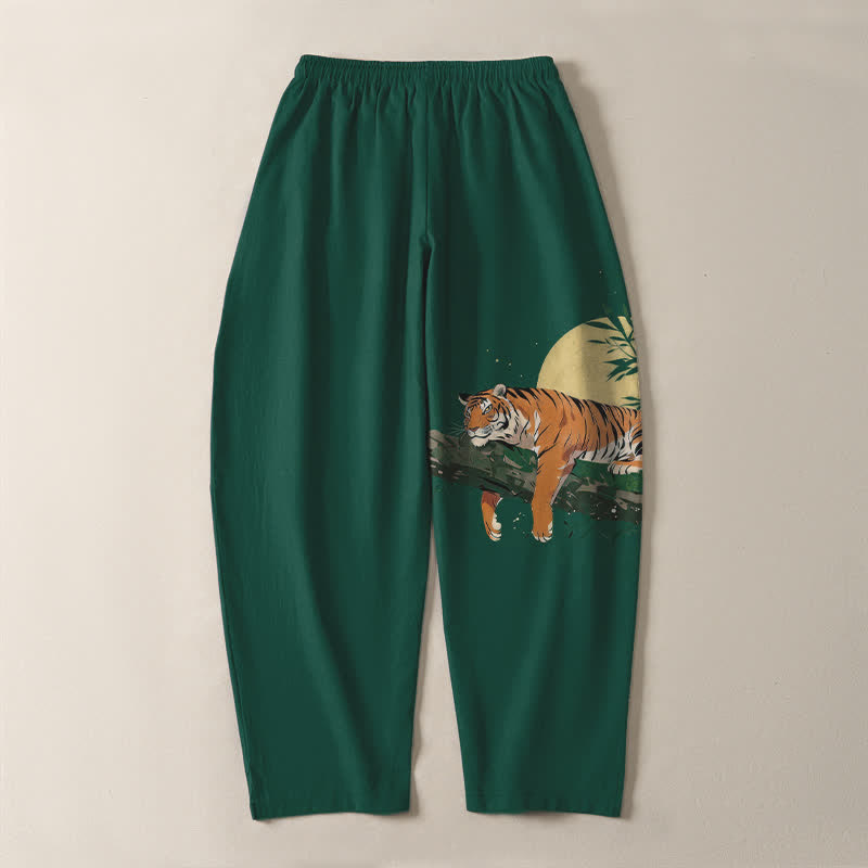 Buddha Stones Pure Cotton Reclining Tiger Moon Pattern Drawstring Men's Tapered Pants With Pockets - image 10