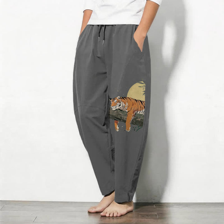 Buddha Stones Pure Cotton Reclining Tiger Moon Pattern Drawstring Men's Tapered Pants With Pockets - image 12