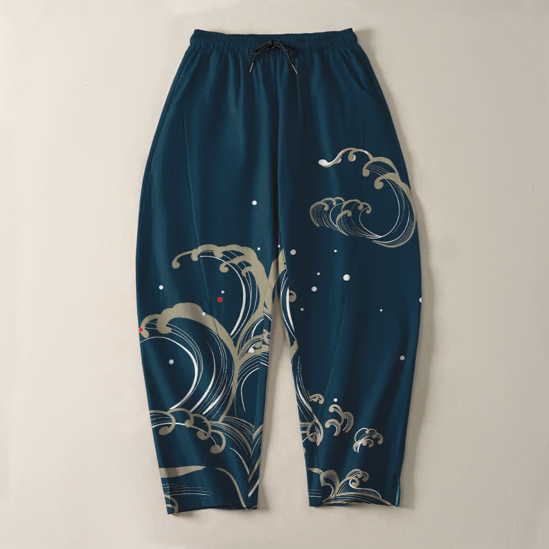 Buddha Stones Pure Cotton Ocean Tide Wave Pattern Drawstring Men's Tapered Pants With Pockets - image 2