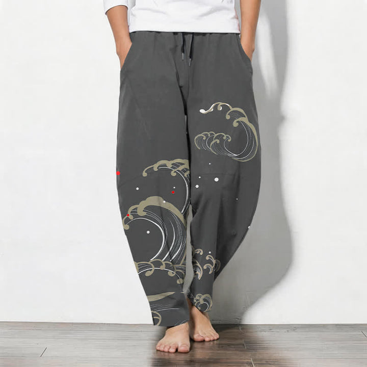 Buddha Stones Pure Cotton Ocean Tide Wave Pattern Drawstring Men's Tapered Pants With Pockets - DimGray - US/UK/AU50，EU60 (5XL) - image 7
