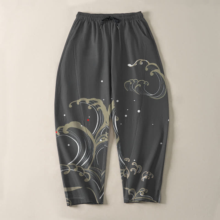 Buddha Stones Pure Cotton Ocean Tide Wave Pattern Drawstring Men's Tapered Pants With Pockets - image 9