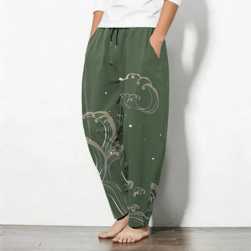 Buddha Stones Pure Cotton Ocean Tide Wave Pattern Drawstring Men's Tapered Pants With Pockets - image 12