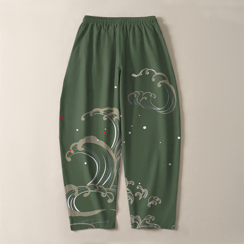 Buddha Stones Pure Cotton Ocean Tide Wave Pattern Drawstring Men's Tapered Pants With Pockets - image 14