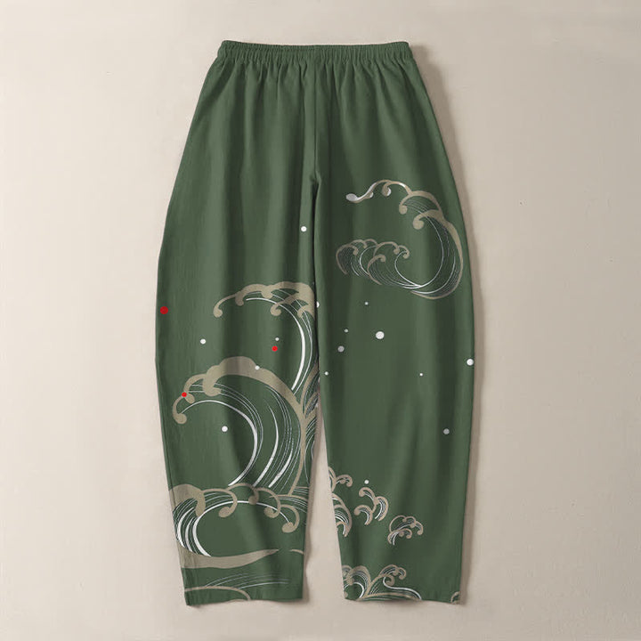 Buddha Stones Pure Cotton Ocean Tide Wave Pattern Drawstring Men's Tapered Pants With Pockets - image 14