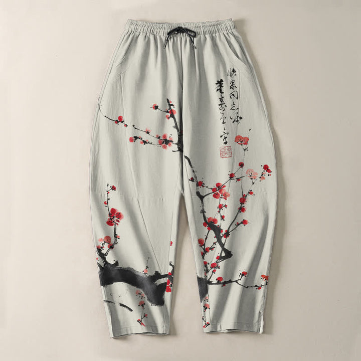 Buddha Stones Pure Cotton Calligraphy Plum Blossom Pattern Drawstring Men's Tapered Pants With Pockets - image 2