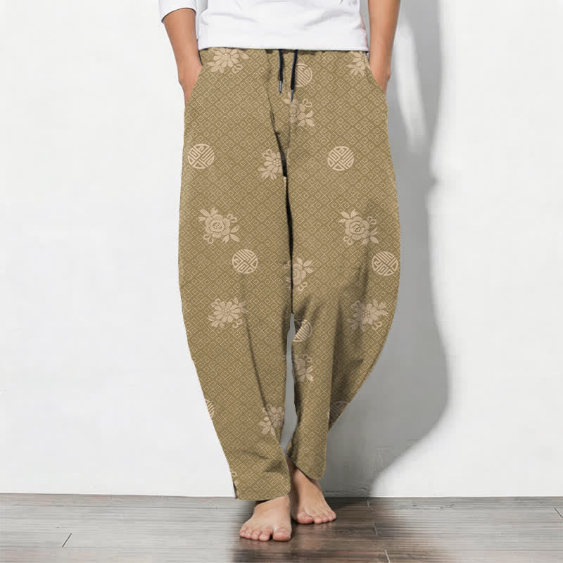 Buddha Stones Pure Cotton Floral Medallion Pattern Drawstring Men's Tapered Pants With Pockets - Tan - US/UK/AU50，EU60 (5XL) - image 0