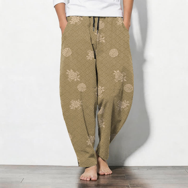 Buddha Stones Pure Cotton Floral Medallion Pattern Drawstring Men's Tapered Pants With Pockets - Tan - US/UK/AU50，EU60 (5XL) - image 0