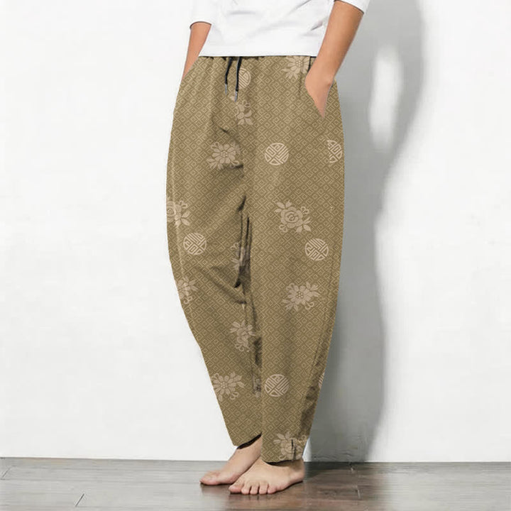 Buddha Stones Pure Cotton Floral Medallion Pattern Drawstring Men's Tapered Pants With Pockets - image 1