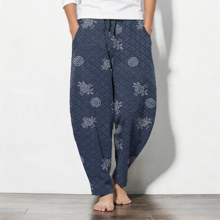 Buddha Stones Pure Cotton Floral Medallion Pattern Drawstring Men's Tapered Pants With Pockets - Navy - US/UK/AU50，EU60 (5XL) - image 7