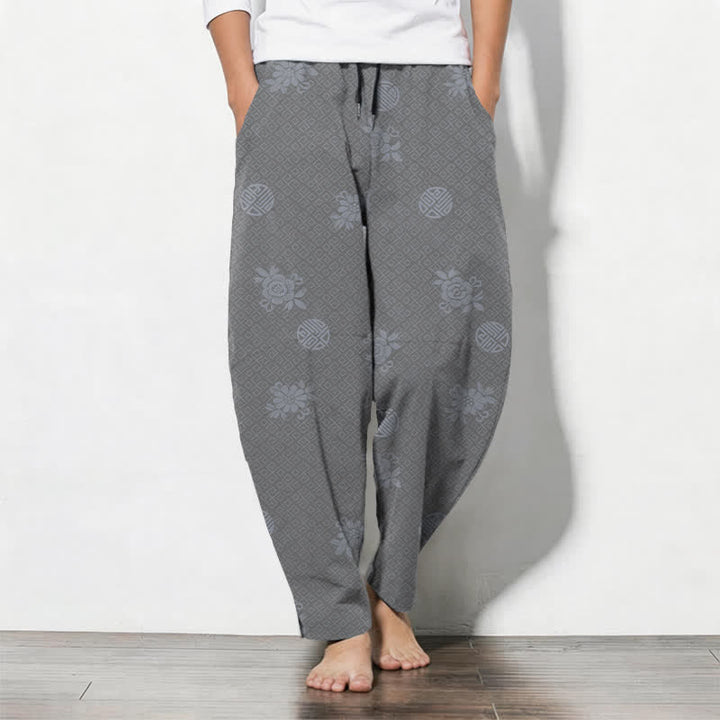 Buddha Stones Pure Cotton Floral Medallion Pattern Drawstring Men's Tapered Pants With Pockets - DarkGray - US/UK/AU50，EU60 (5XL) - image 11