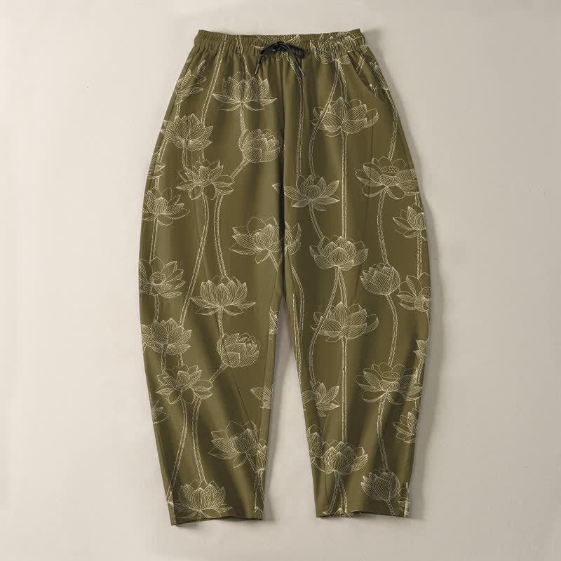Buddha Stones Pure Cotton White Lotus Line Art Pattern Drawstring Men's Tapered Pants With Pockets - image 9