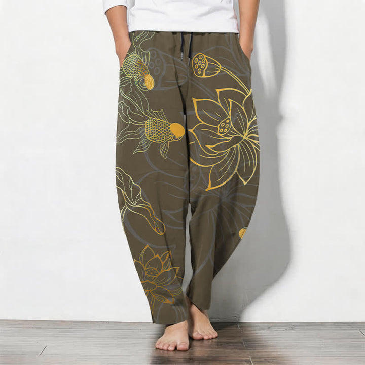 Buddha Stones Pure Cotton Golden Lotus Koi Pattern Drawstring Men's Tapered Pants With Pockets - SaddleBrown - US/UK/AU50，EU60 (5XL) - image 11