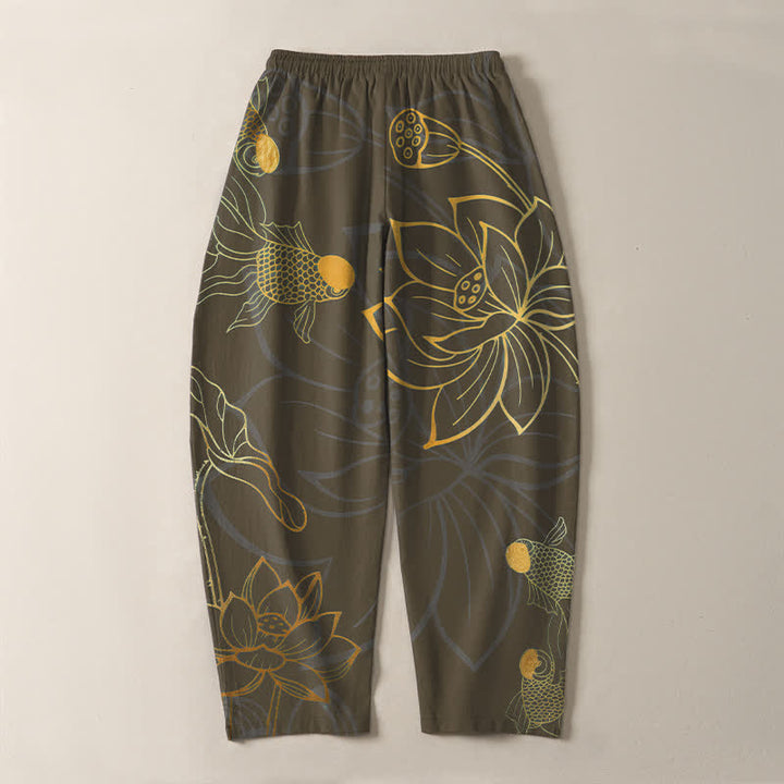 Buddha Stones Pure Cotton Golden Lotus Koi Pattern Drawstring Men's Tapered Pants With Pockets - image 14