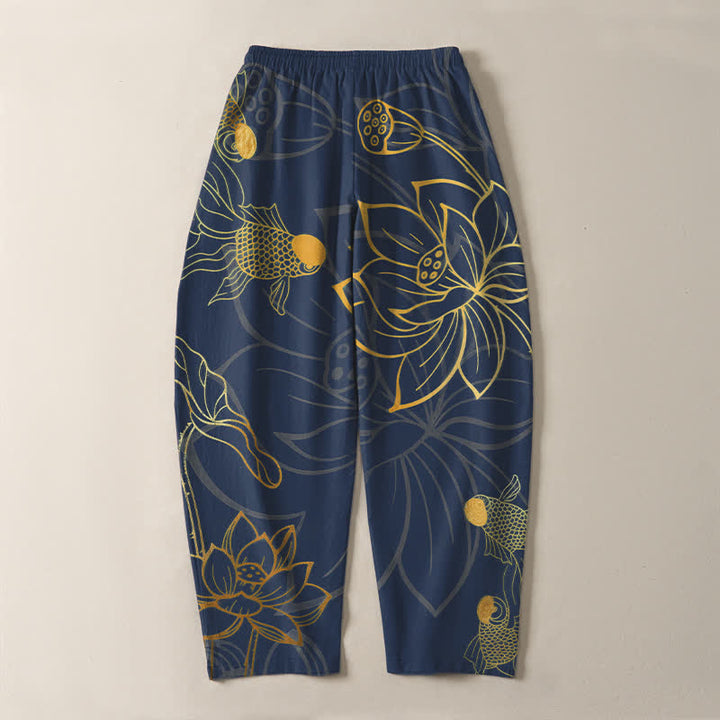 Buddha Stones Pure Cotton Golden Lotus Koi Pattern Drawstring Men's Tapered Pants With Pockets - image 10