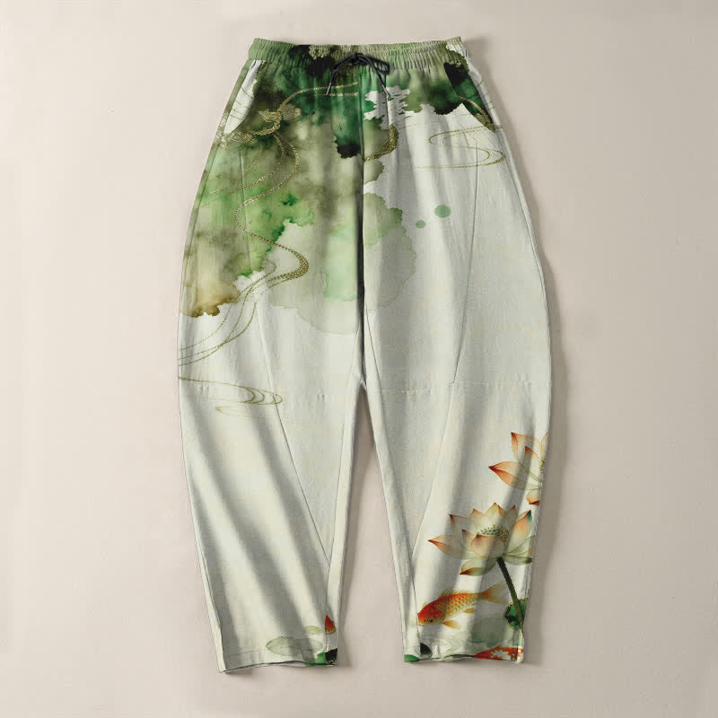 Buddha Stones Pure Cotton Lotus Koi Ink Wash Pattern Drawstring Men's Tapered Pants With Pockets - image 2