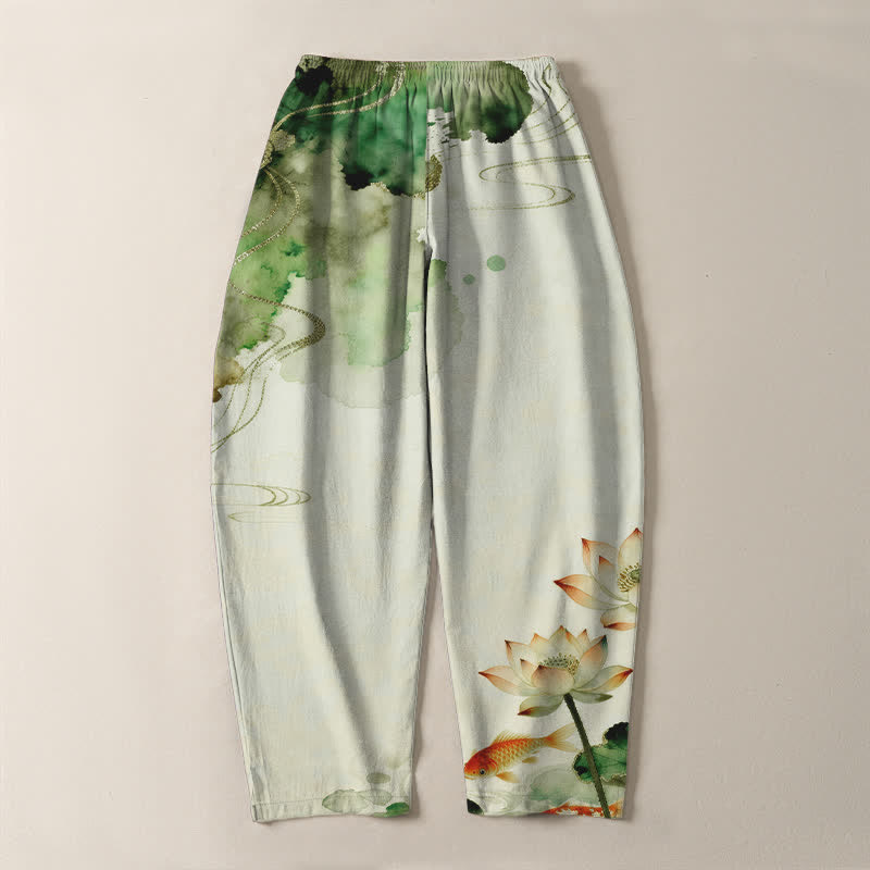 Buddha Stones Pure Cotton Lotus Koi Ink Wash Pattern Drawstring Men's Tapered Pants With Pockets - image 3