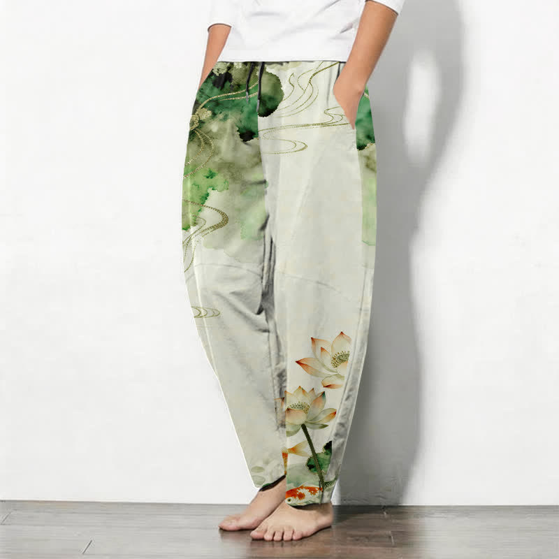 Buddha Stones Pure Cotton Lotus Koi Ink Wash Pattern Drawstring Men's Tapered Pants With Pockets - image 1