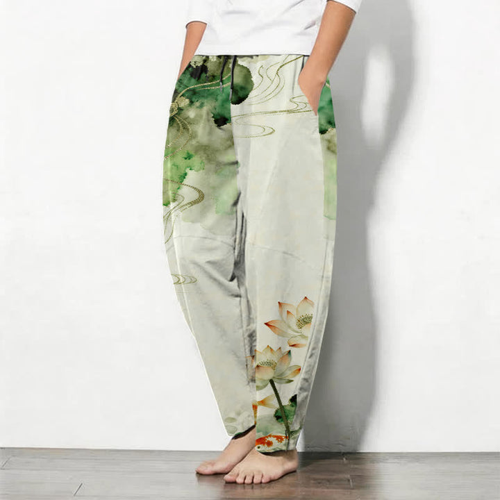 Buddha Stones Pure Cotton Lotus Koi Ink Wash Pattern Drawstring Men's Tapered Pants With Pockets - image 1