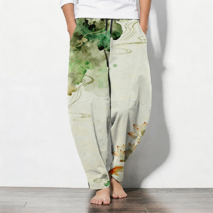 Buddha Stones Pure Cotton Lotus Koi Ink Wash Pattern Drawstring Men's Tapered Pants With Pockets - Honeydew - US/UK/AU50，EU60 (5XL) - image 0