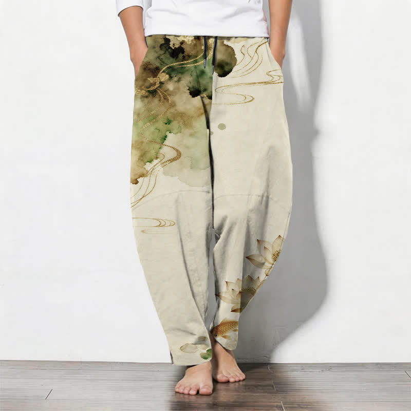 Buddha Stones Pure Cotton Lotus Koi Ink Wash Pattern Drawstring Men's Tapered Pants With Pockets - Beige - US/UK/AU50，EU60 (5XL) - image 7