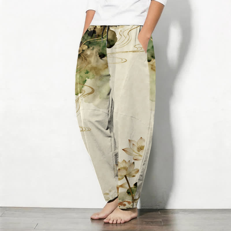 Buddha Stones Pure Cotton Lotus Koi Ink Wash Pattern Drawstring Men's Tapered Pants With Pockets - image 8