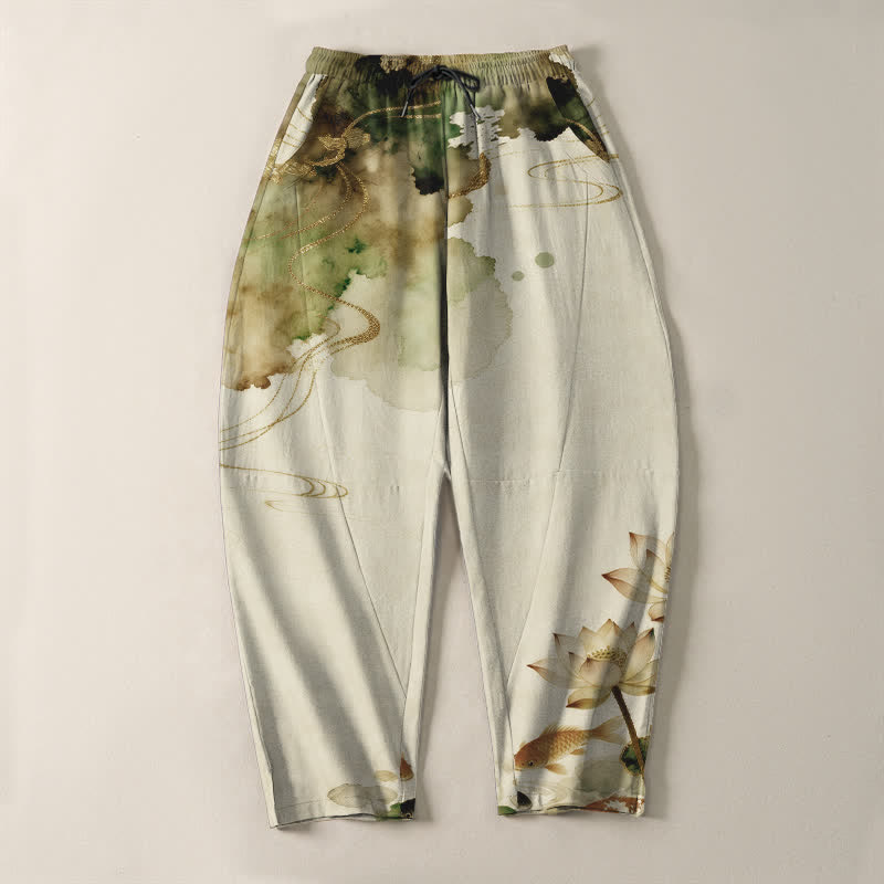 Buddha Stones Pure Cotton Lotus Koi Ink Wash Pattern Drawstring Men's Tapered Pants With Pockets - image 9