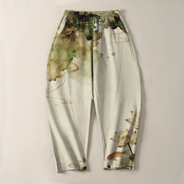 Buddha Stones Pure Cotton Lotus Koi Ink Wash Pattern Drawstring Men's Tapered Pants With Pockets - image 9