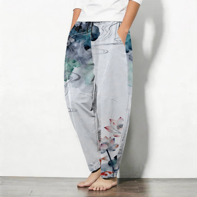 Buddha Stones Pure Cotton Lotus Koi Ink Wash Pattern Drawstring Men's Tapered Pants With Pockets - image 12