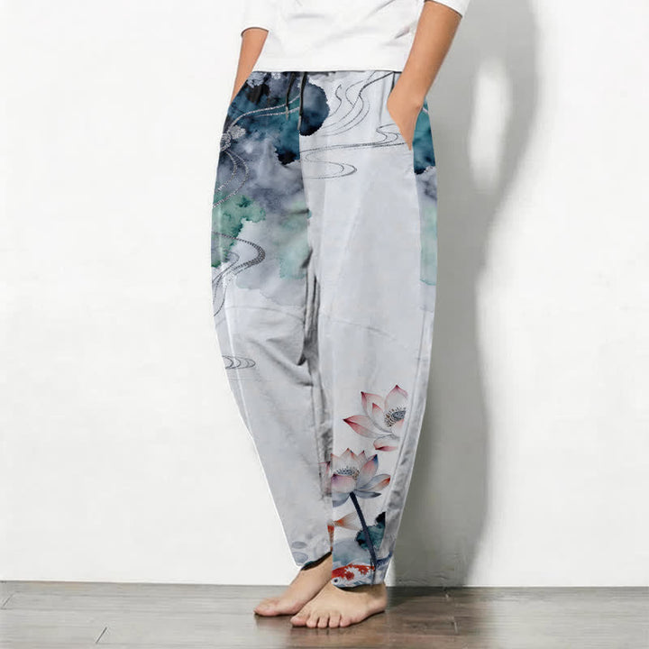 Buddha Stones Pure Cotton Lotus Koi Ink Wash Pattern Drawstring Men's Tapered Pants With Pockets - image 12