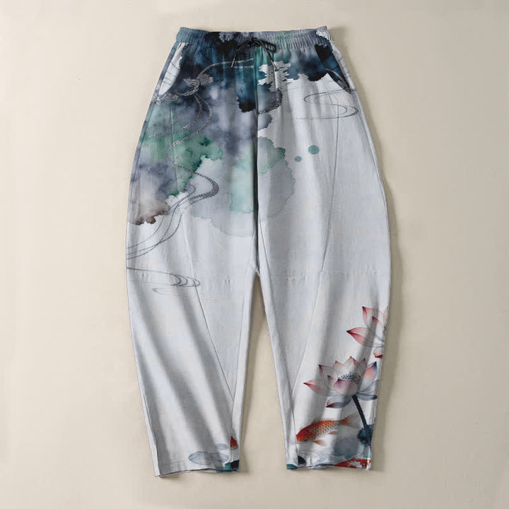 Buddha Stones Pure Cotton Lotus Koi Ink Wash Pattern Drawstring Men's Tapered Pants With Pockets - image 13