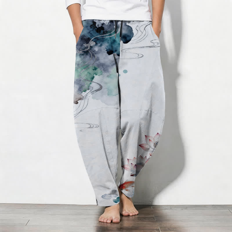 Buddha Stones Pure Cotton Lotus Koi Ink Wash Pattern Drawstring Men's Tapered Pants With Pockets - AliceBlue - US/UK/AU50，EU60 (5XL) - image 11