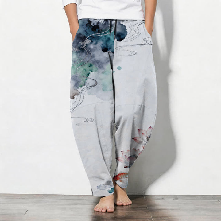 Buddha Stones Pure Cotton Lotus Koi Ink Wash Pattern Drawstring Men's Tapered Pants With Pockets - AliceBlue - US/UK/AU50，EU60 (5XL) - image 11