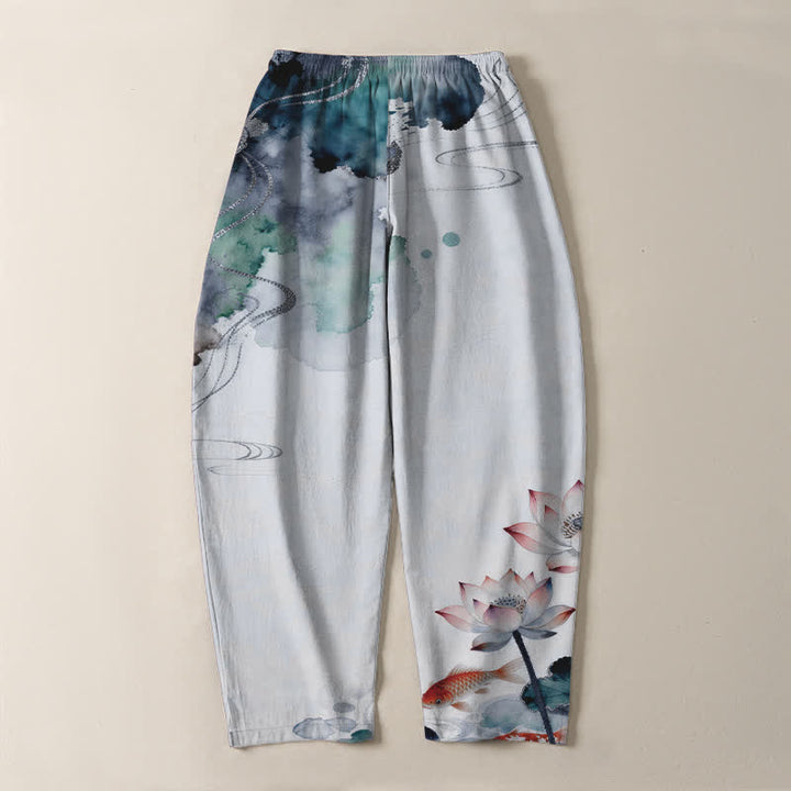 Buddha Stones Pure Cotton Lotus Koi Ink Wash Pattern Drawstring Men's Tapered Pants With Pockets - image 14