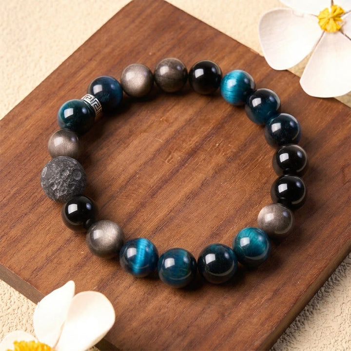 Buddha Stones Blue Tiger Eye Silver Sheen Obsidian Couple Positive Bracelet - image 1