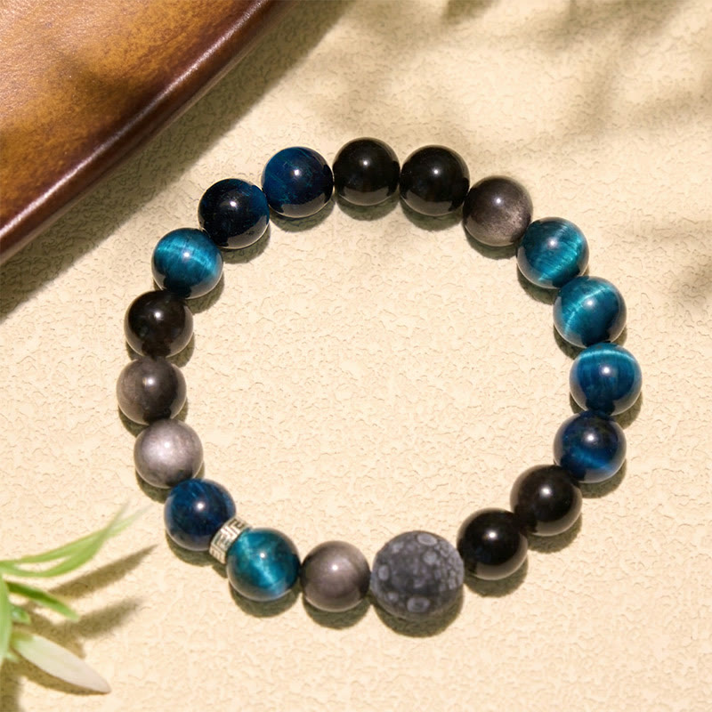 Buddha Stones Blue Tiger Eye Silver Sheen Obsidian Couple Positive Bracelet - image 2