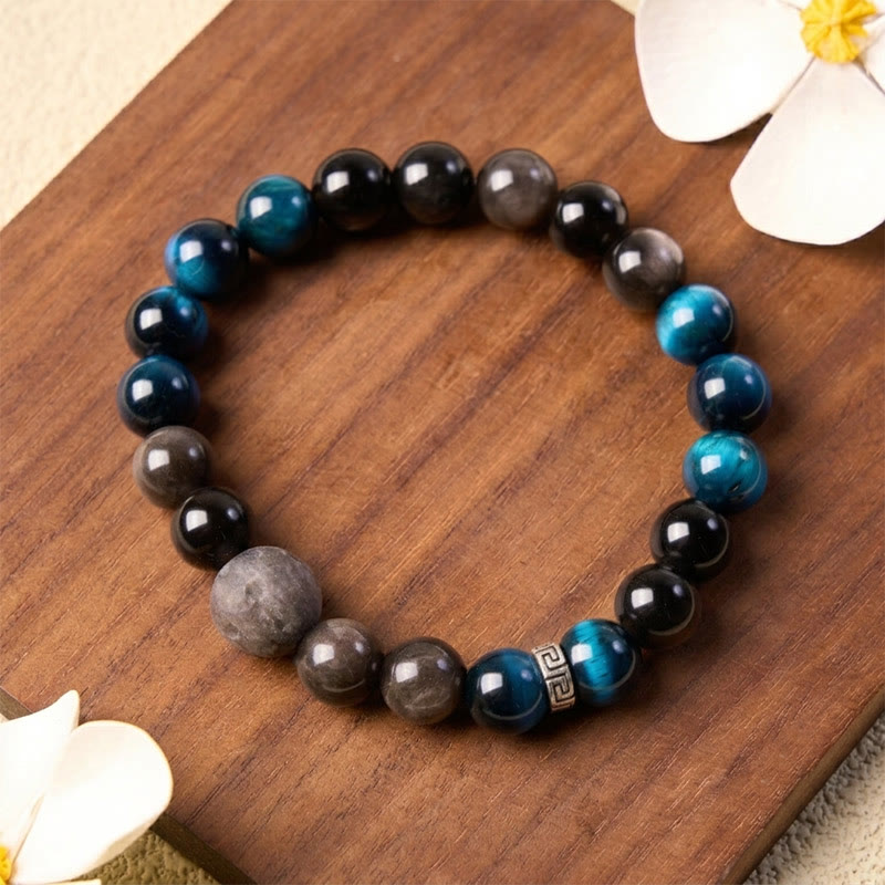 Buddha Stones Blue Tiger Eye Silver Sheen Obsidian Couple Positive Bracelet - image 9